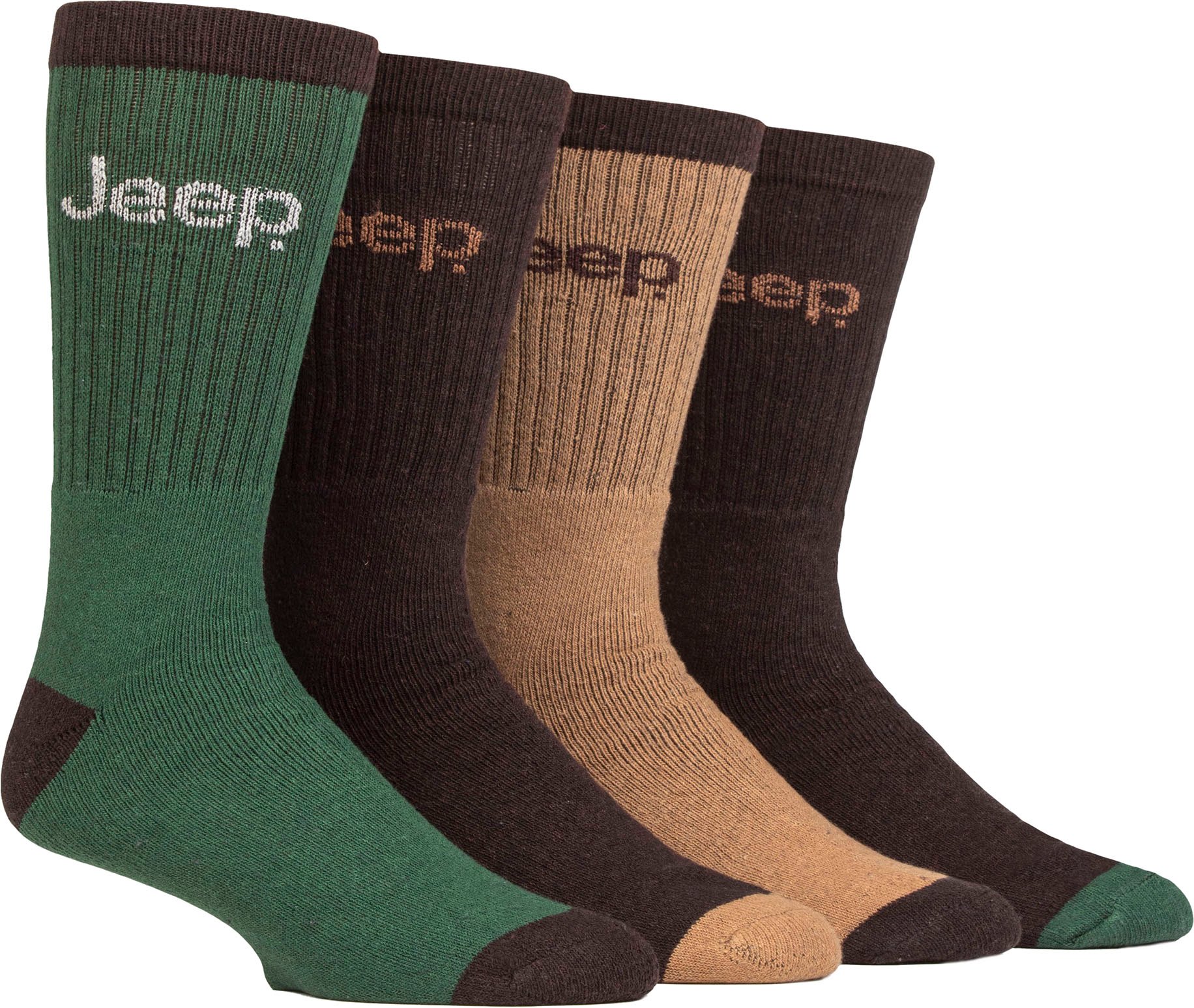 Mens Recycled Cotton Socken | Jeep | 4 Pack dicke stricken voll gepolstert Boot Socken - braun / grün