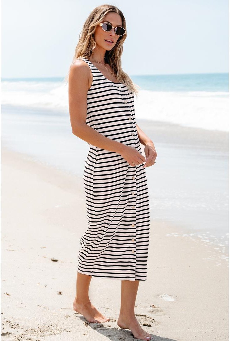 Thumbnail - Weiß gestreiftes, ärmelloses Maxi-Kleid mit Knöpfen