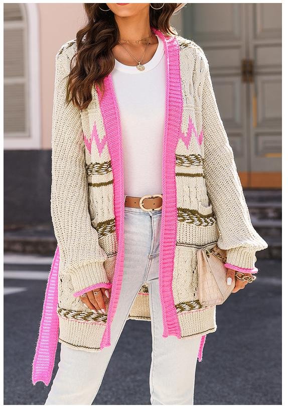 Thumbnail - Kontrastierende Strickjacke mit Bindeband und offener Vorderseite