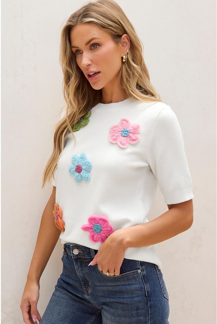 Thumbnail - Weißer süßer Blumenapplikation Kurzarmpullover