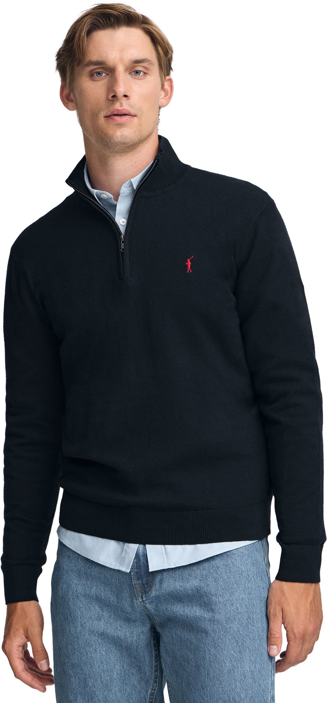 Pullover marineblau aus Wollgemisch mit halbem Reißverschluss und gesticktem Rigby Go-Logo