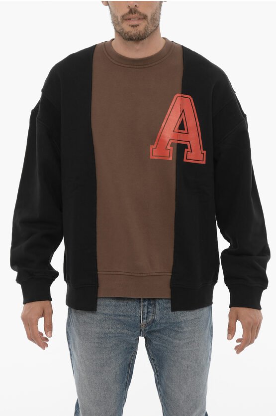 VARSITY Sweatshirt mit Rundhalsausschnitt aus Fleece-Baumwolle in Braun, Schwarz