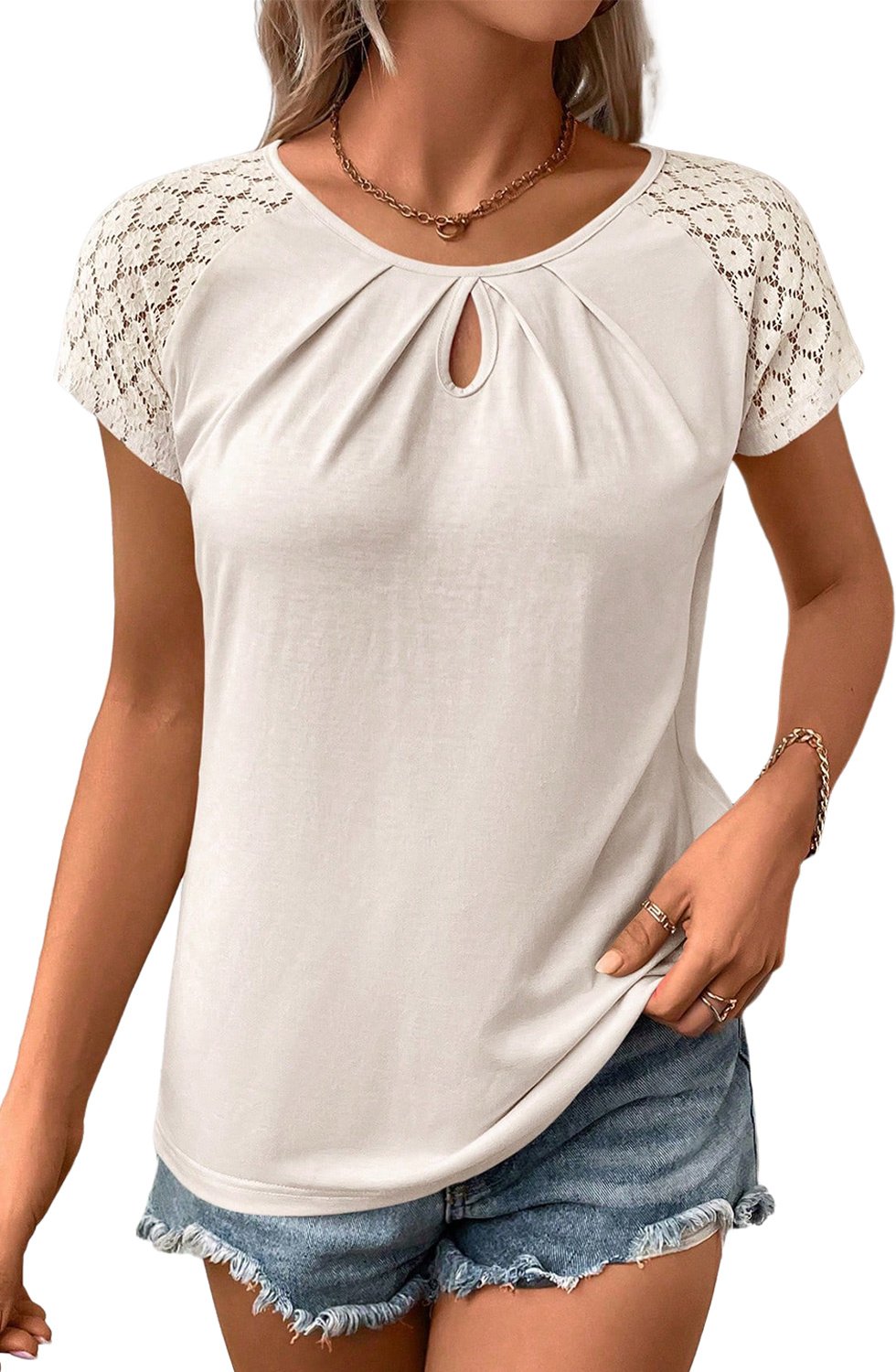 Weißes Oberteil mit kontrastierenden Spitzenärmeln und Schlüsselloch-Dekor