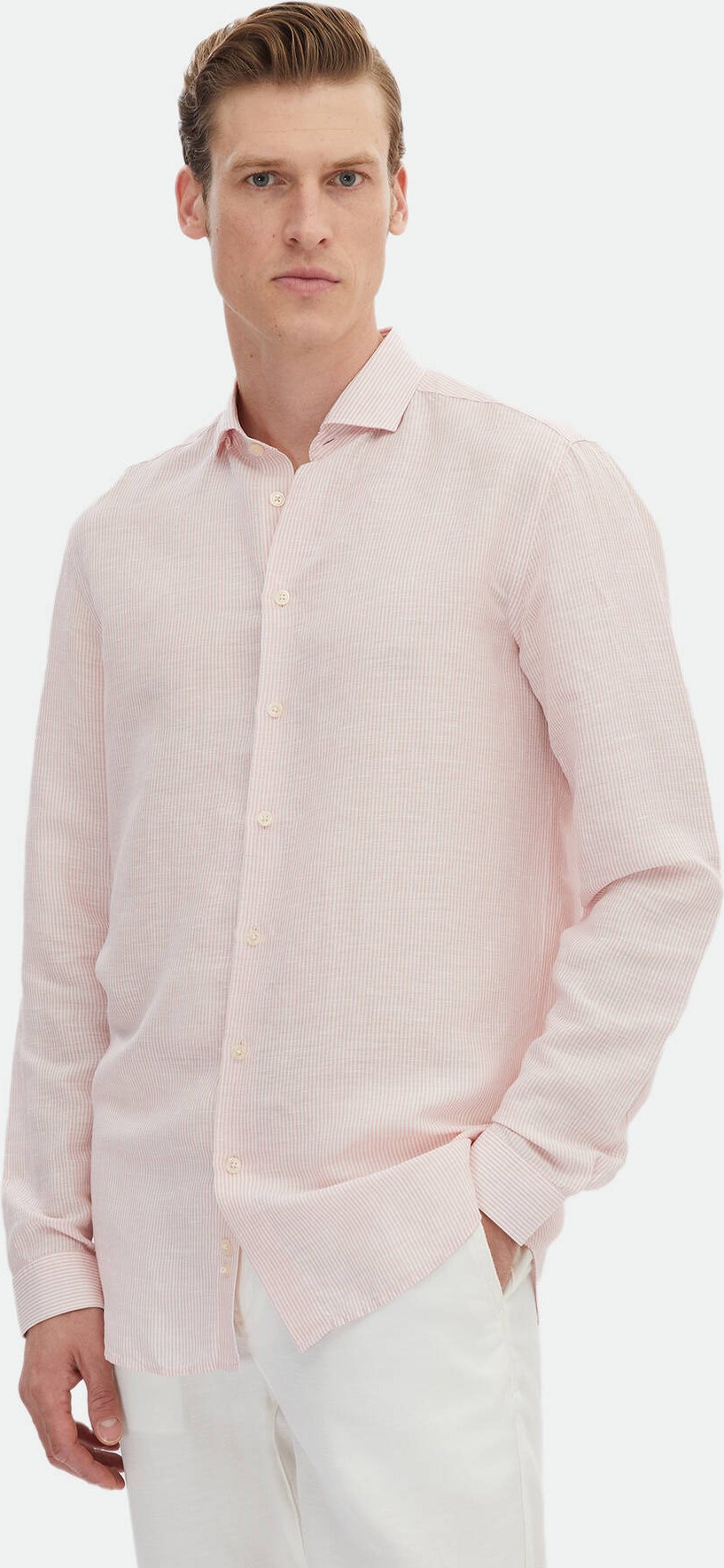 Gestreiftes, legeres, gewebtes Hemd aus Leinenmischung mit regulärer Passform