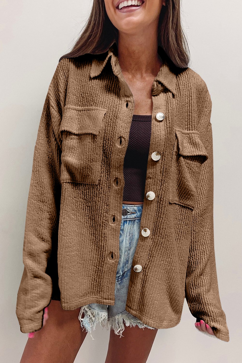Thumbnail - Dunkelkhaki Einfarbige Corduroy Buttoned Langarm Shacket