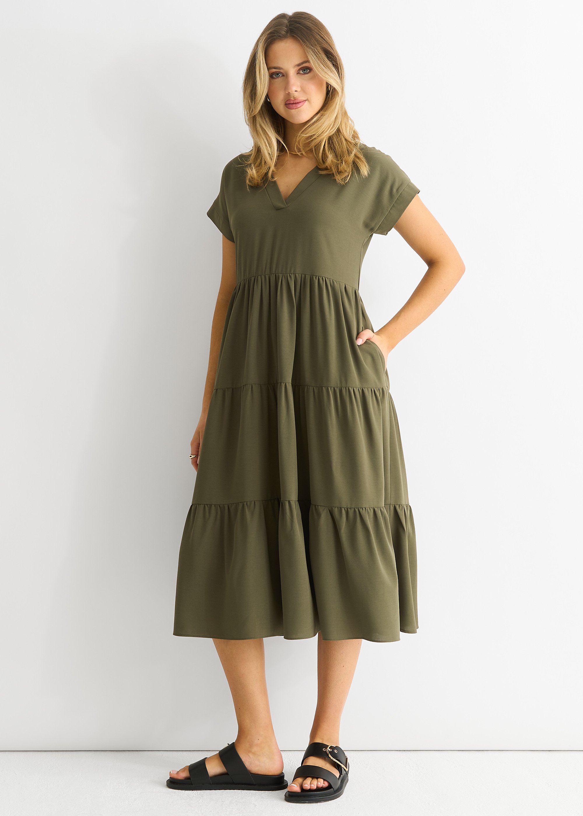Thumbnail - Khaki V-Ausschnitt Taschen-Smock Midikleid