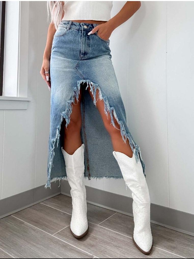 Thumbnail - Asymmetrischer Denim-Rock mit hohem Taillenumfang und Schlitz