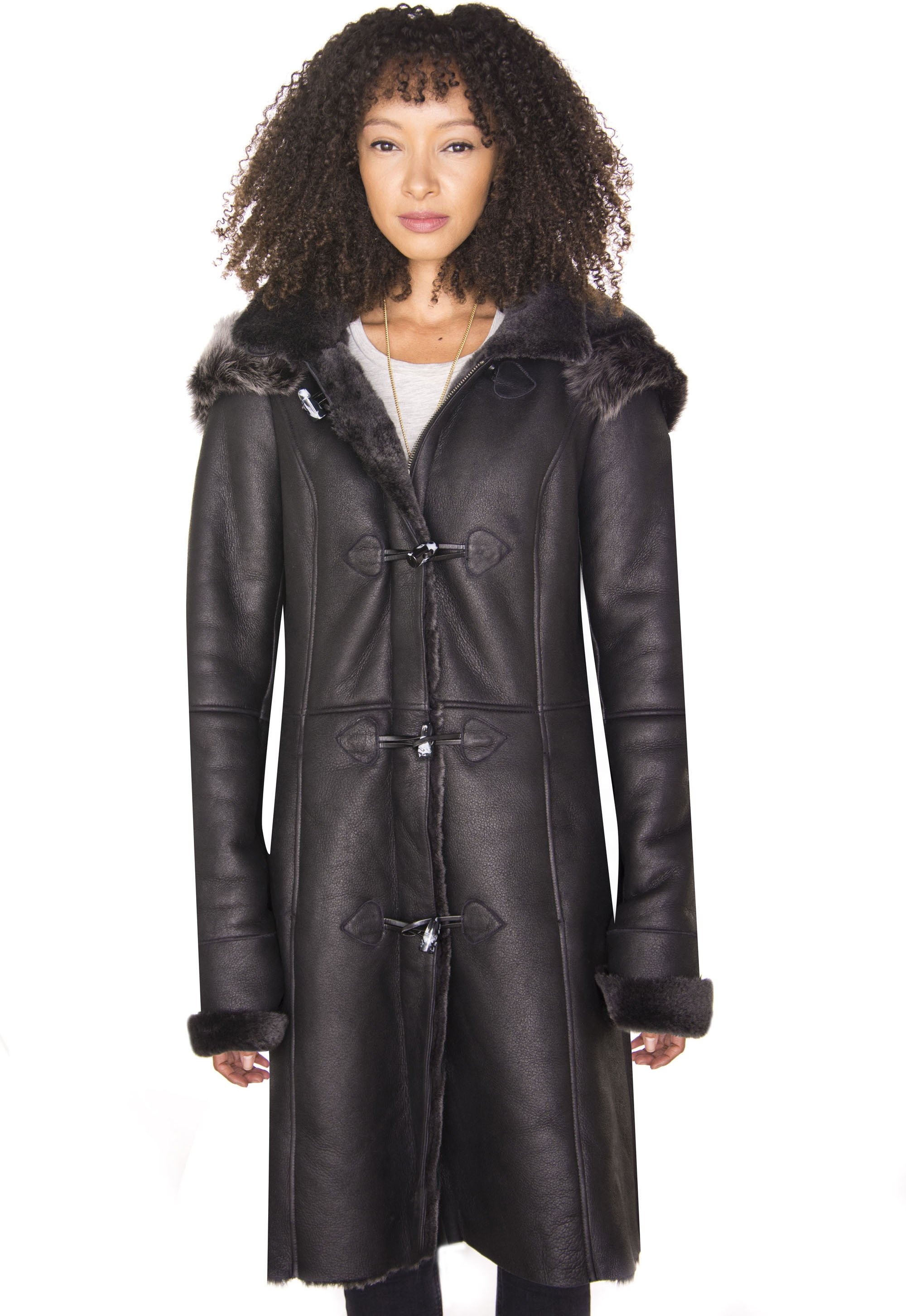 Schwarzer Damen-Dufflecoat aus Schaffell mit Kapuze – Ottawa