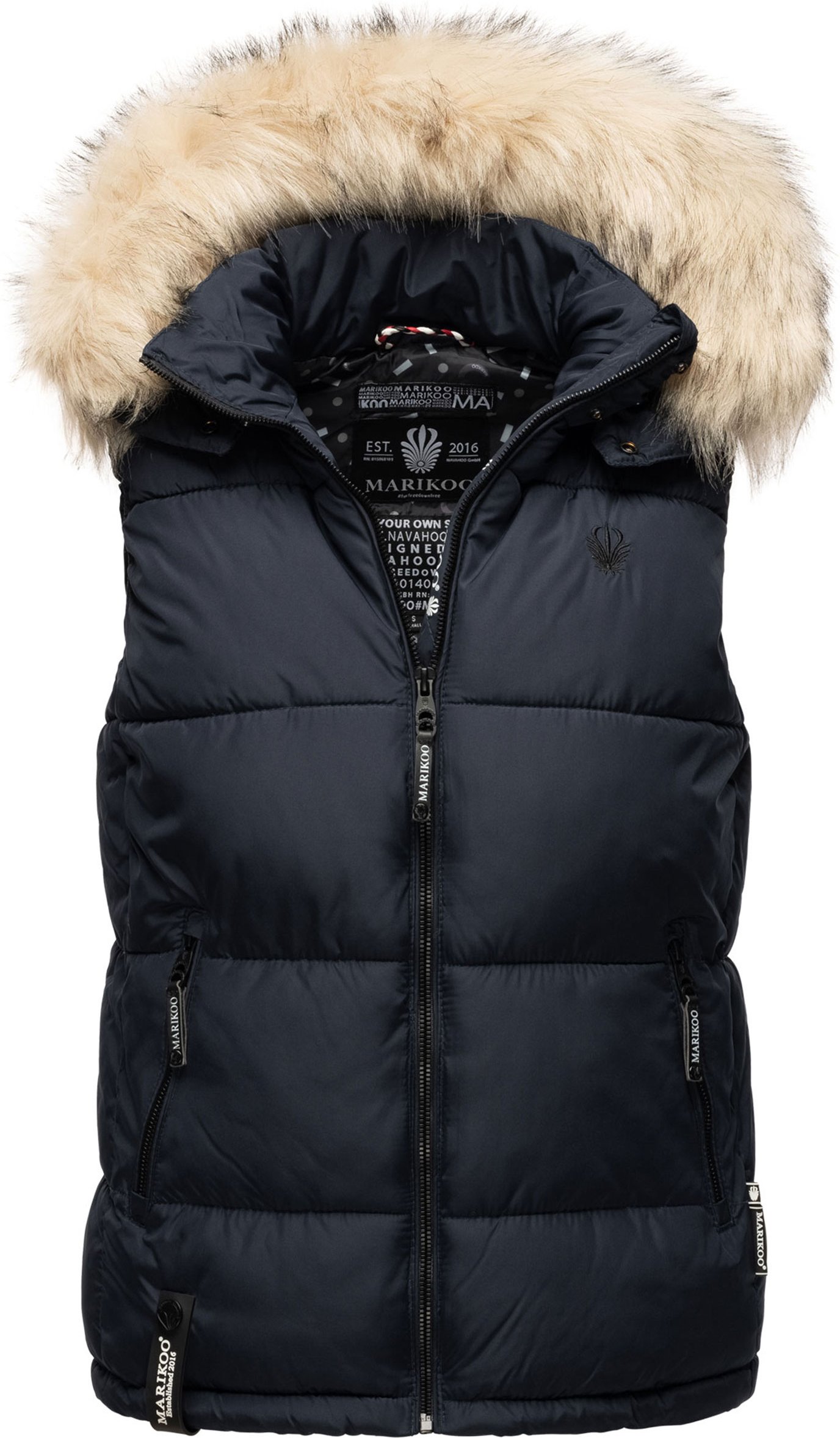 Marikoo Damen Steppweste – Eisflöckchen mit Kapuze & Kunstfellkragen