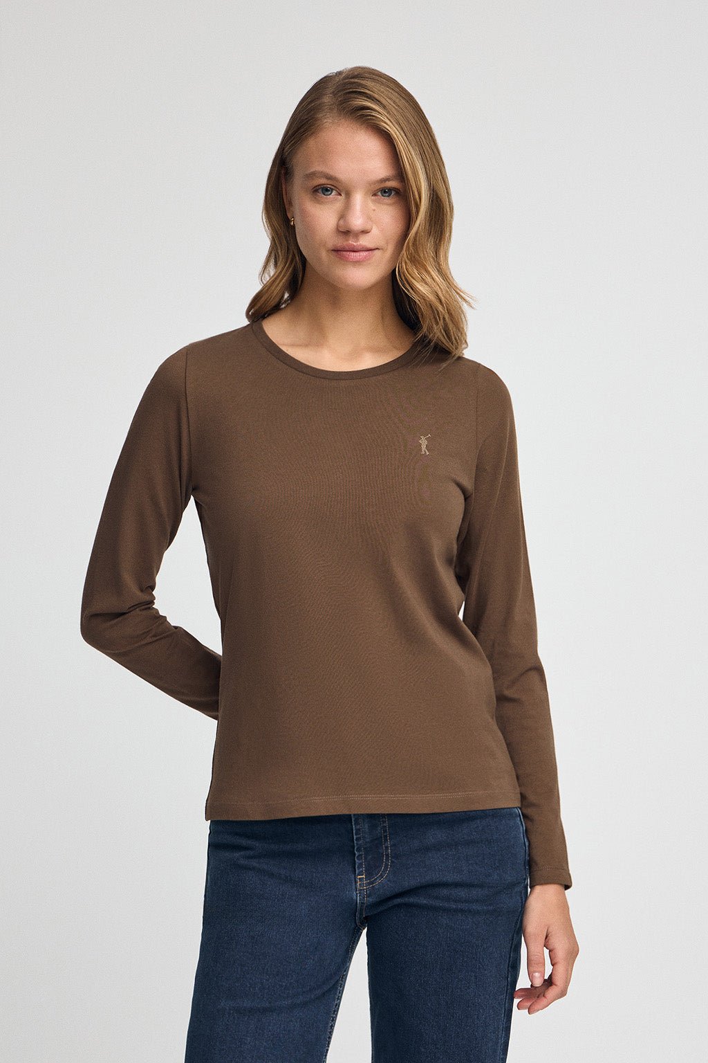 T-Shirt dunkelbraun mit langen Ärmeln, Rundhalsausschnitt und Logo Rigby Go Gold