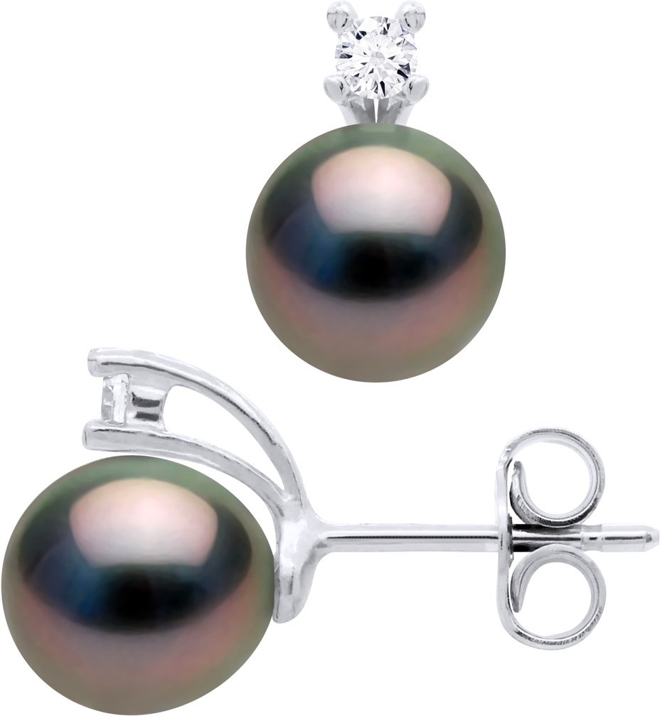 Ohrringe aus Silber 925 und Zirkonia, verziert mit 2 echten Tahiti-Zuchtperlen, birnenförmig, 8–9 mm