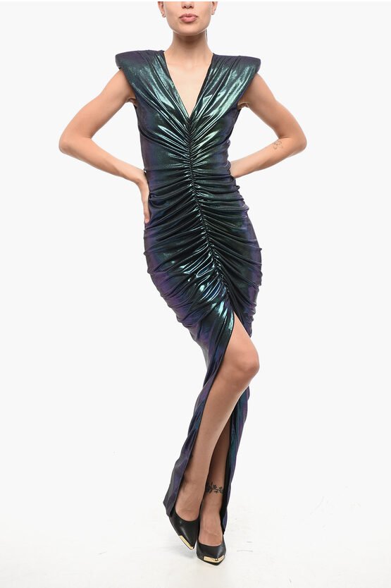 Langes, drapiertes Kleid mit schillerndem Effekt und Schlitz vorne in Mehrfarbig