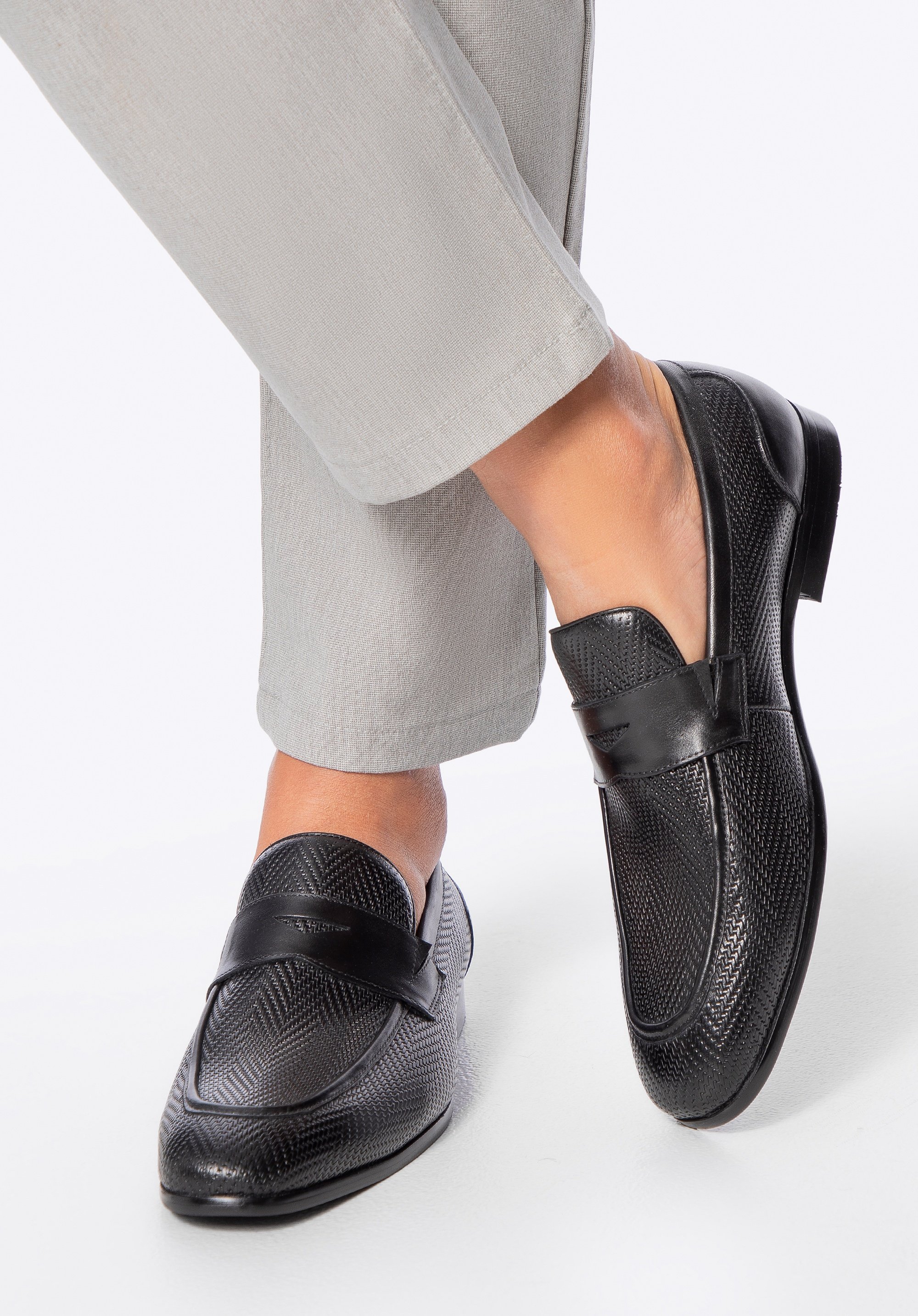 Wittchen Herren-Ledermokassins mit Fischgrätmuster, Schwarz, Echtleder