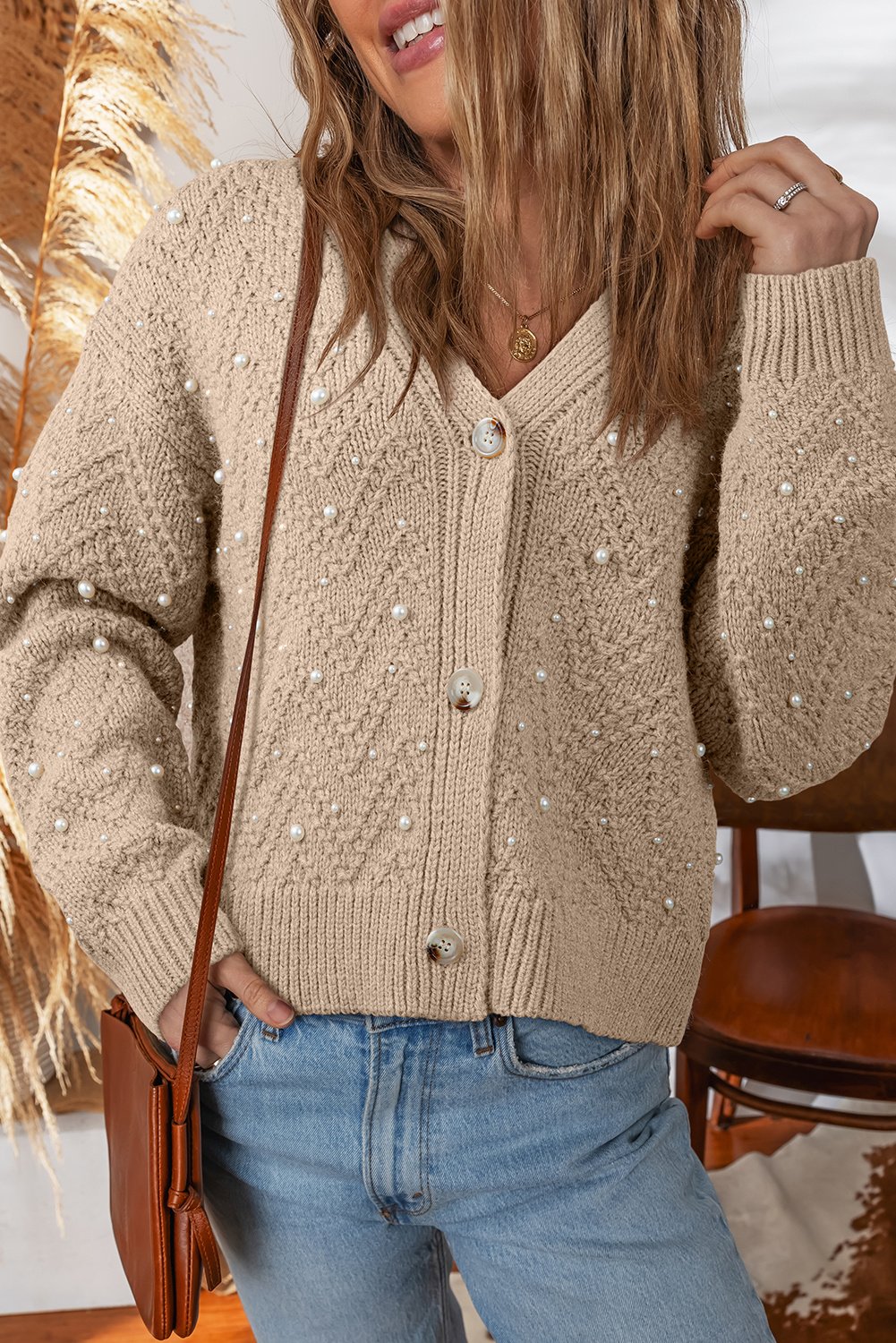 Perlenverzierter Strickcardigan