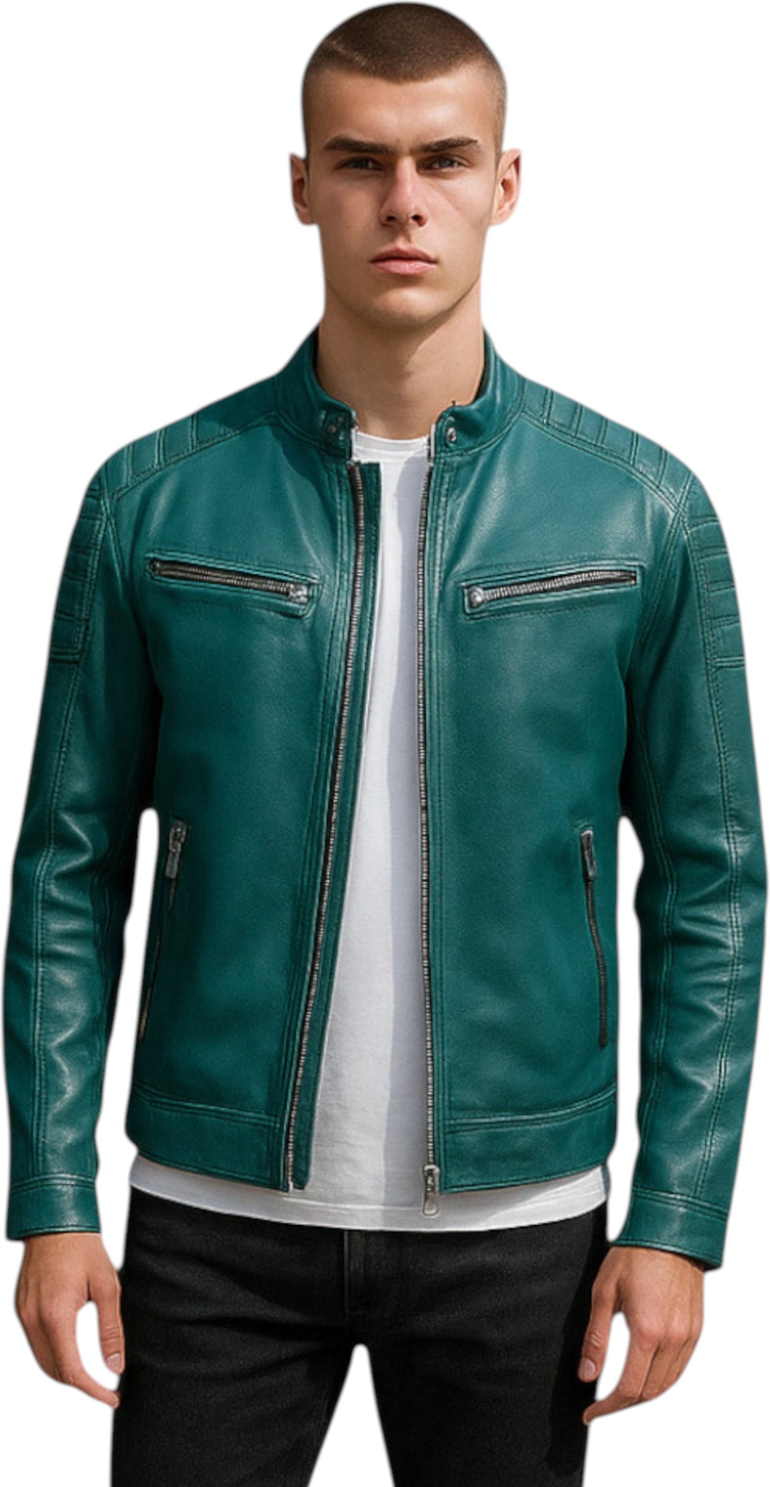 Moderne, klassische, gesteppte Bikerjacke aus Leder für Herren in Grün – Mackay