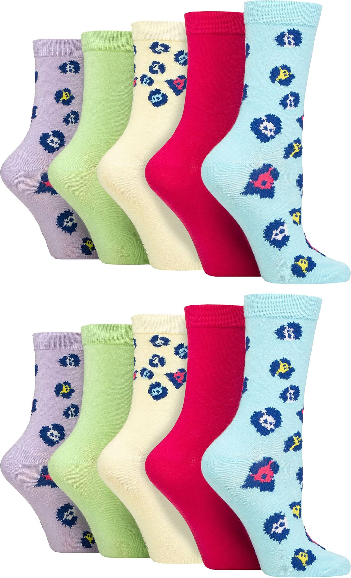 Wildfeet - 10er Pack Damen Bambus Crew Socken mit Punkten, Leoparden- und Blumenmuster - Multicolour