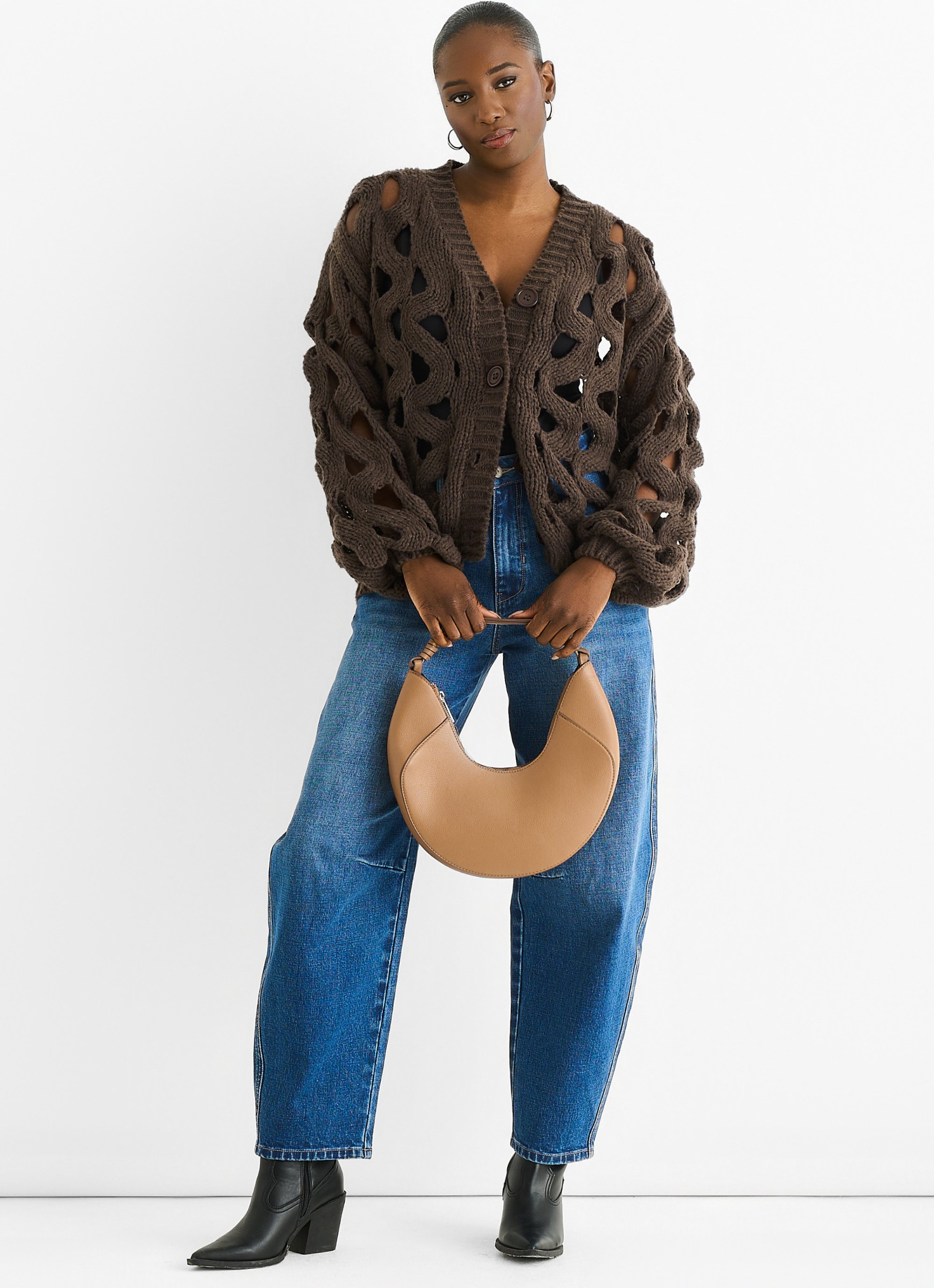Schokoladenfarbener hohlstrukturierter Chunky-Strick-Cardigan