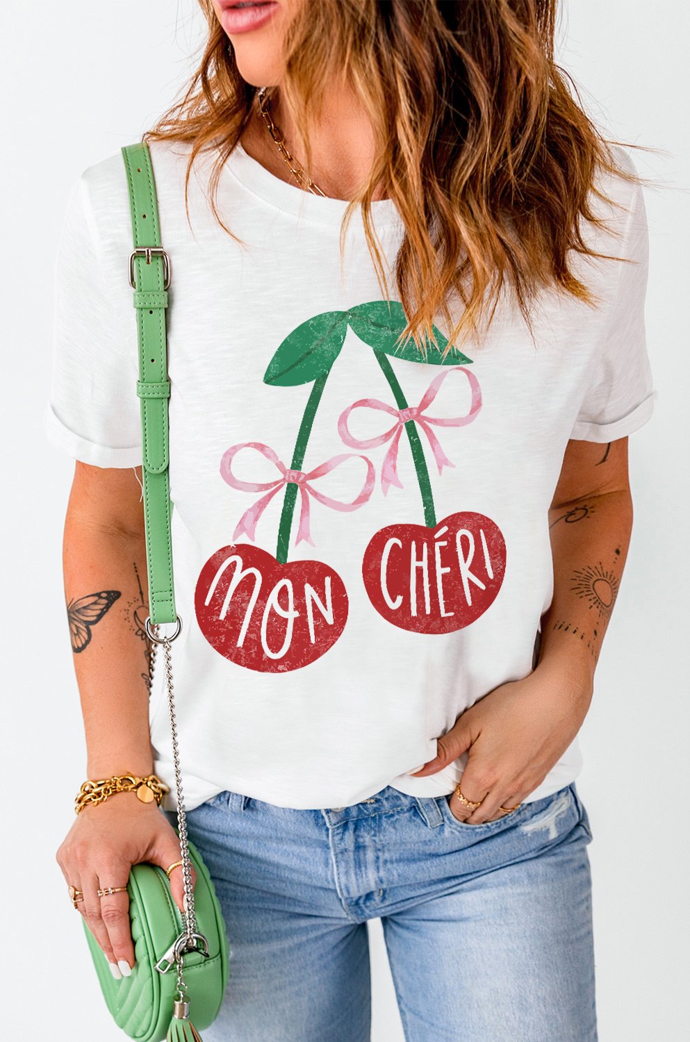 Weißes Mon Cheri Kirsche Grafik Crewneck T-Shirt