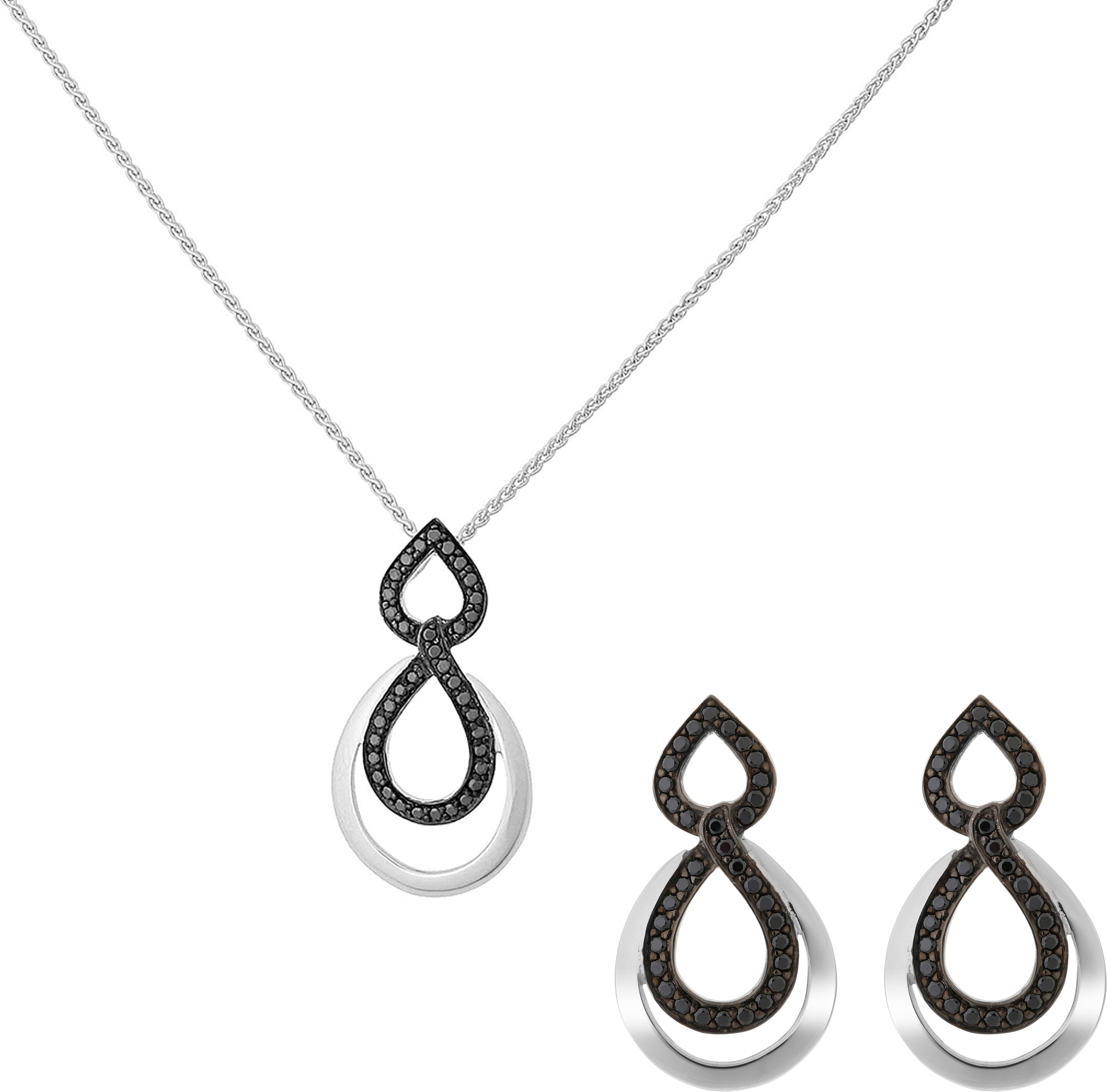 Orphelia 'Amber' Damen 925 Sterling Silber Set: Kettenanhänger + Ohrringe - Silber/Schwarz SET-7092/2