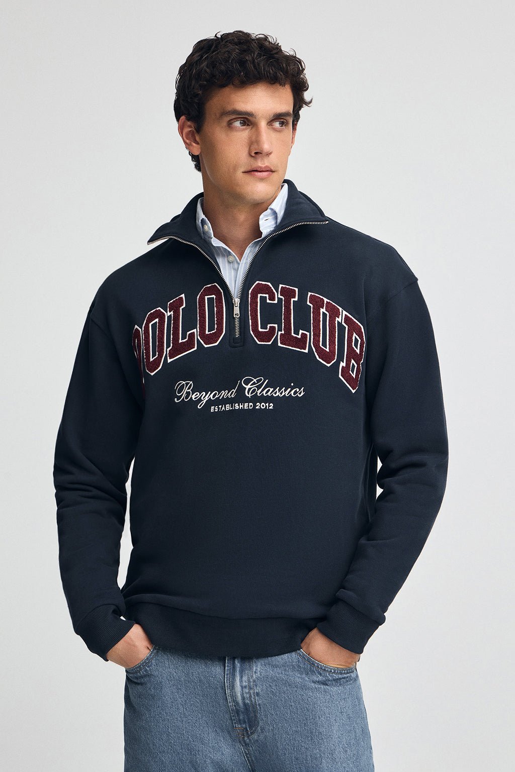 Sweatshirt marineblau mit halbem Reißverschluss und Logo Established 2012 Polo Club