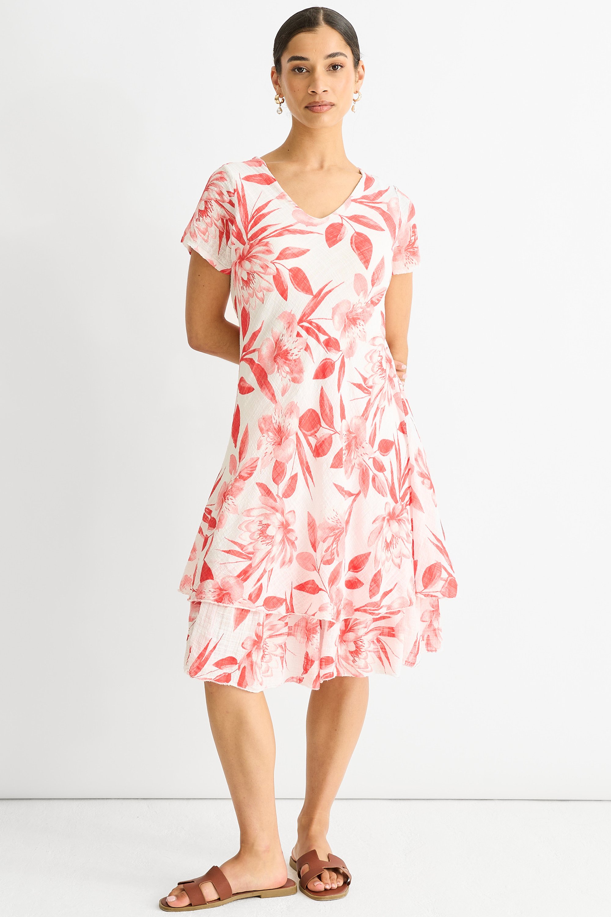 Rotes V-Ausschnitt-Kleid mit Blumenmuster aus Baumwolle