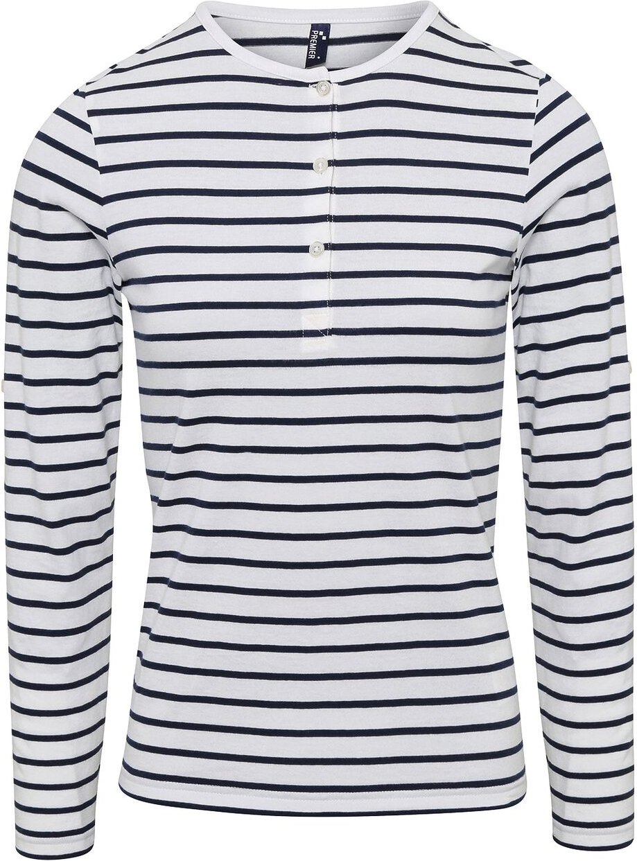 Premier Damen T-Shirt Long John, langärmlig (Weiß/Marineblau)