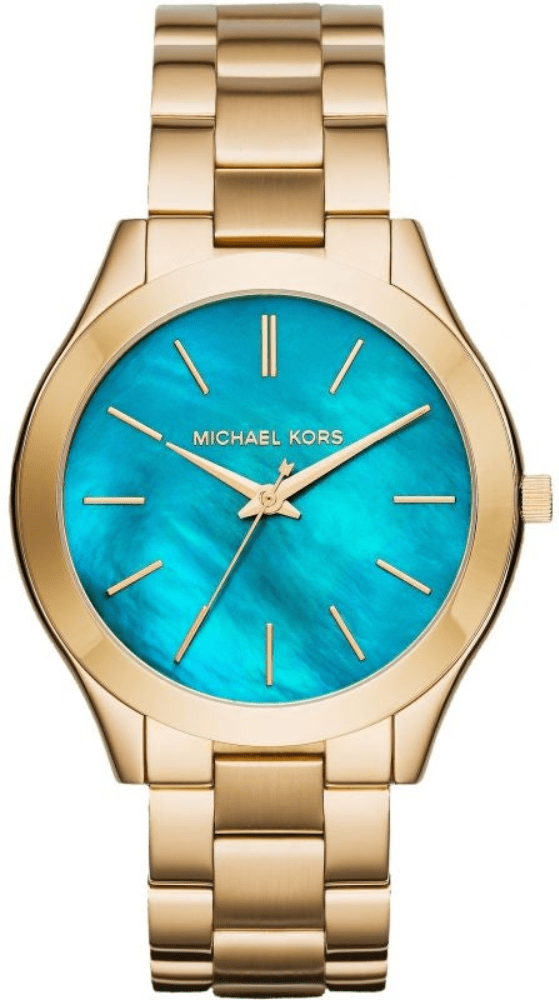 Michael Kors MK3492 Slim Runway 42mm Goldfarbene Edelstahl Damenarmbanduhr mit blauen Zifferblatt