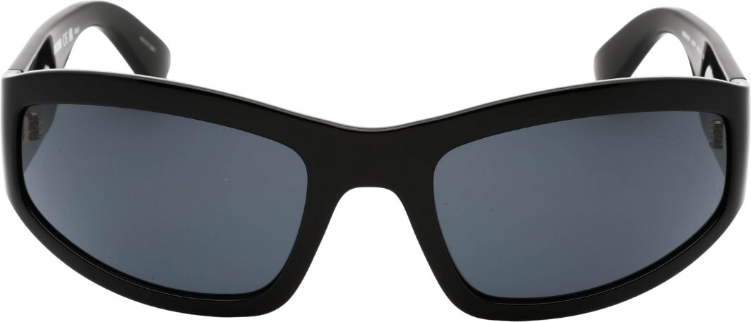 Schwarze Moschino-Sonnenbrille mit grauen Gläsern und auffälligem Logo