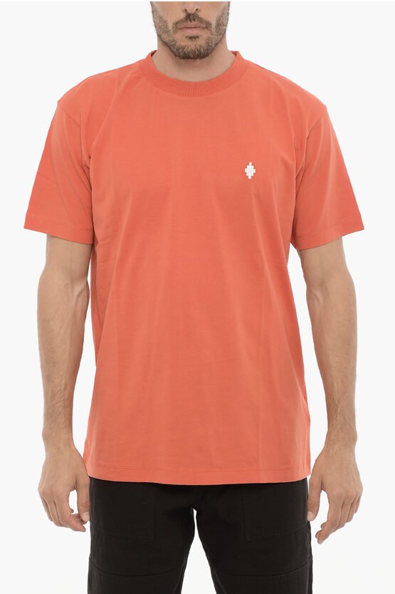 Einfarbiges Rundhals-T-Shirt mit Kreuzstickerei in Orange