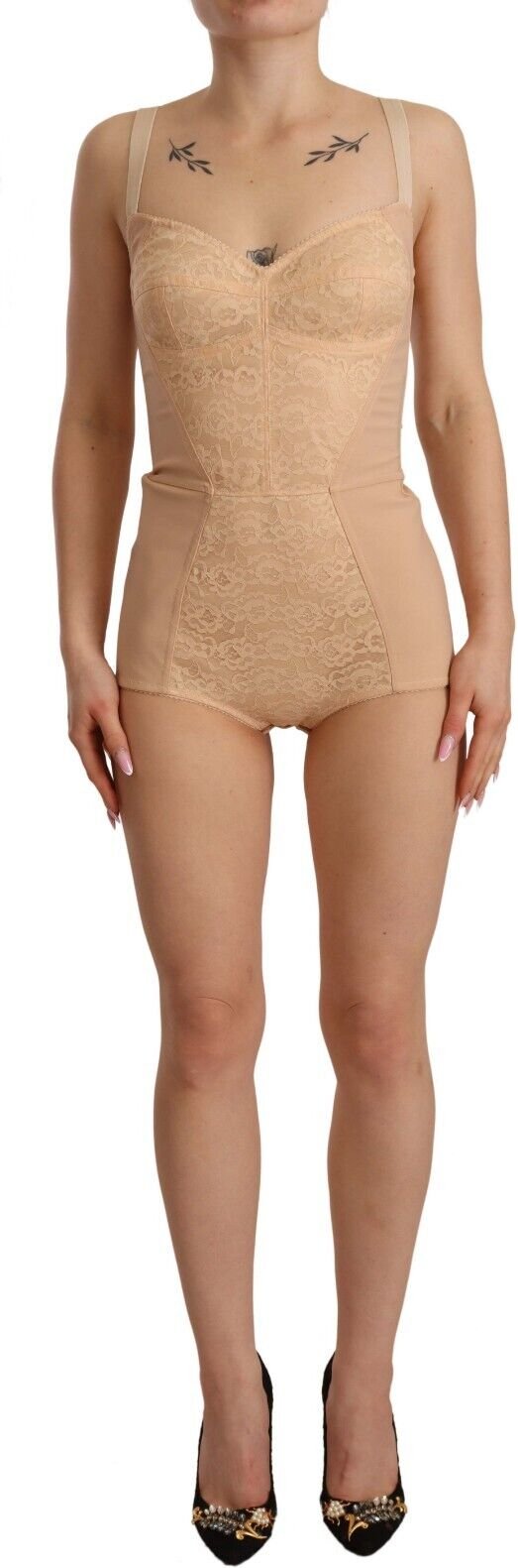 Dolce & Gabbana Damen Beiges Nylon Blumen Spitzen-Bodysuit