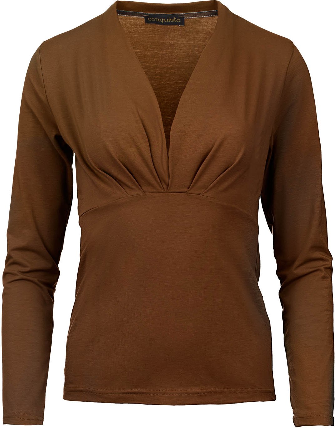 Thumbnail - Langärmeliges schokoladenfarbenes Faux Wrap Top aus nachhaltigem Stretch-Jersey-Stoff