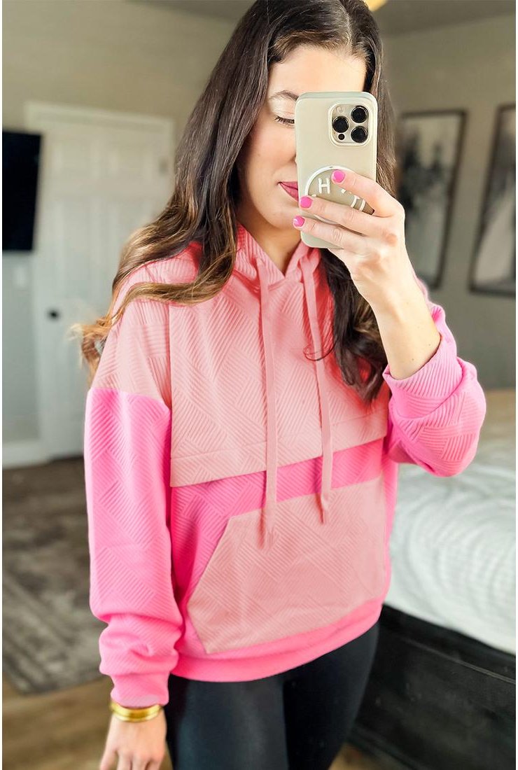 Thumbnail - Azura Exchange Pink Strukturierter Farbblock Kängurutaschen-Drop-Shoulder-Hoodie