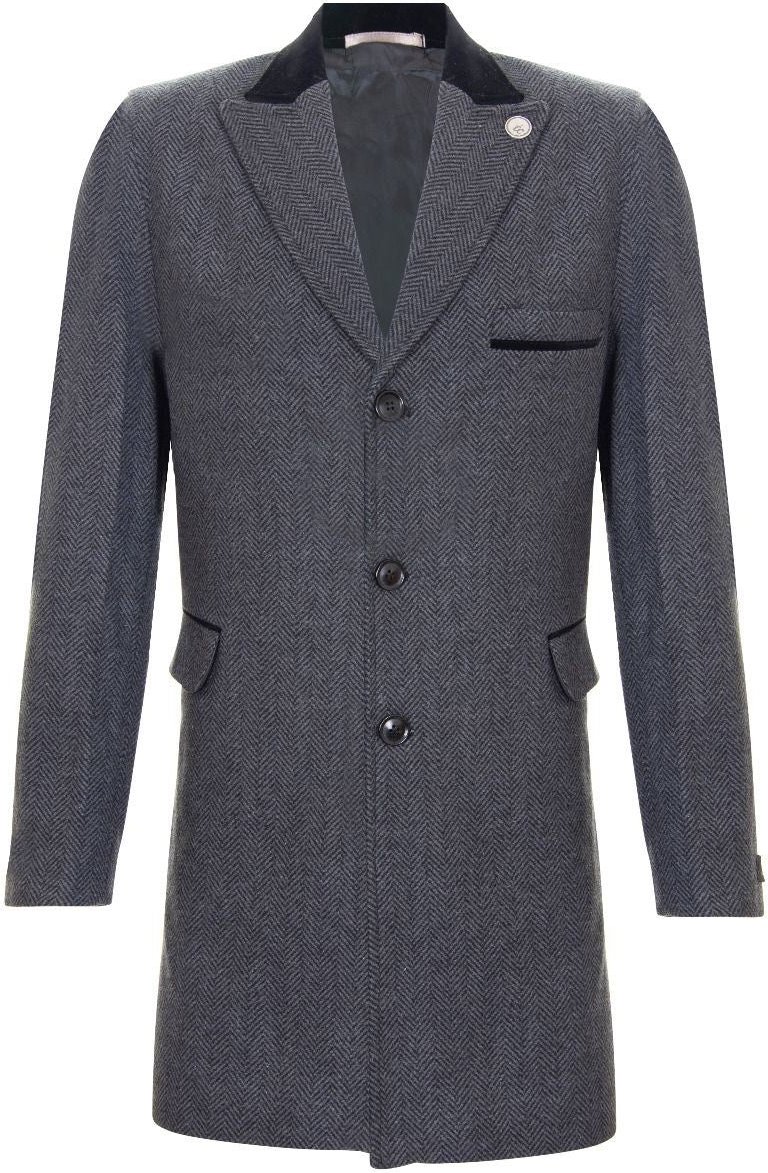 Thumbnail - Grauer Crombie-Mantel für Herren, 3/4 lang, Herringbone-Tweed-Mantel, Peaky Blinder