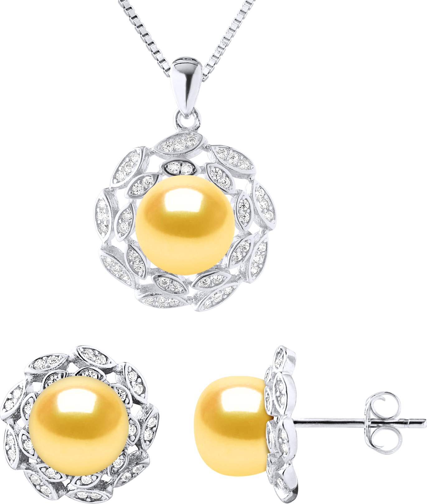 Schmuck Halskette & Ohrringe FLOWER Sweet Water Perlen Golden 9-10 mm 925