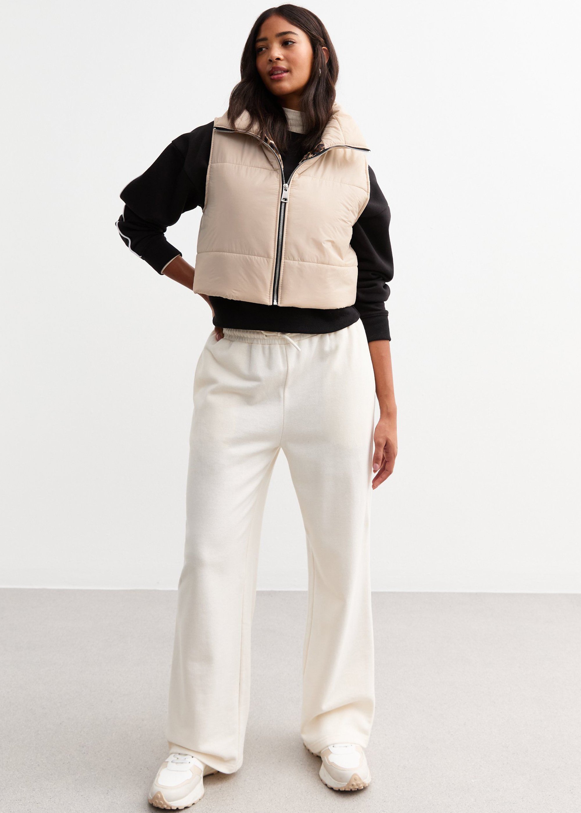 Beige Kontrast Tier gepolstert Crop Gilet