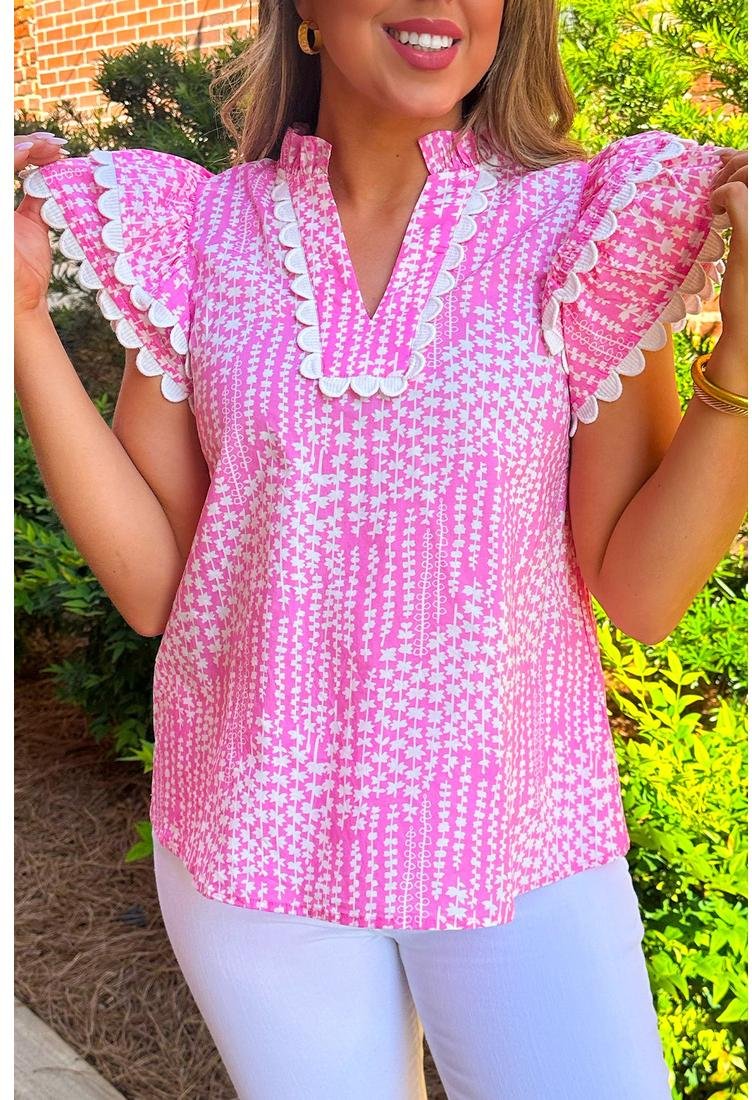 Thumbnail - Azura Exchange Pink Abstrakter Print Ric Rac Besatz Fledermausärmel Ausschnitt V-Ausschnitt Bluse