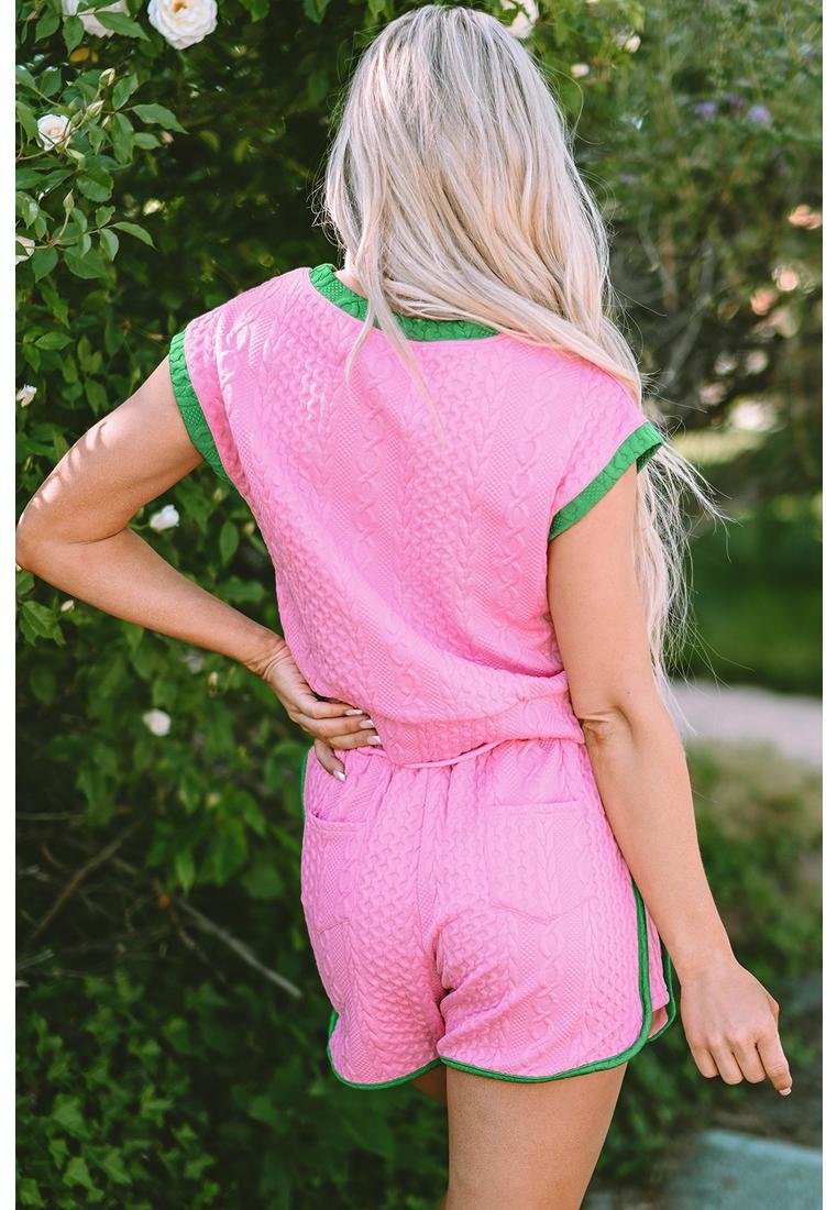 Thumbnail - Rosa Shorts-Set mit kontrastierendem Saum und strukturierter Kabeloptik