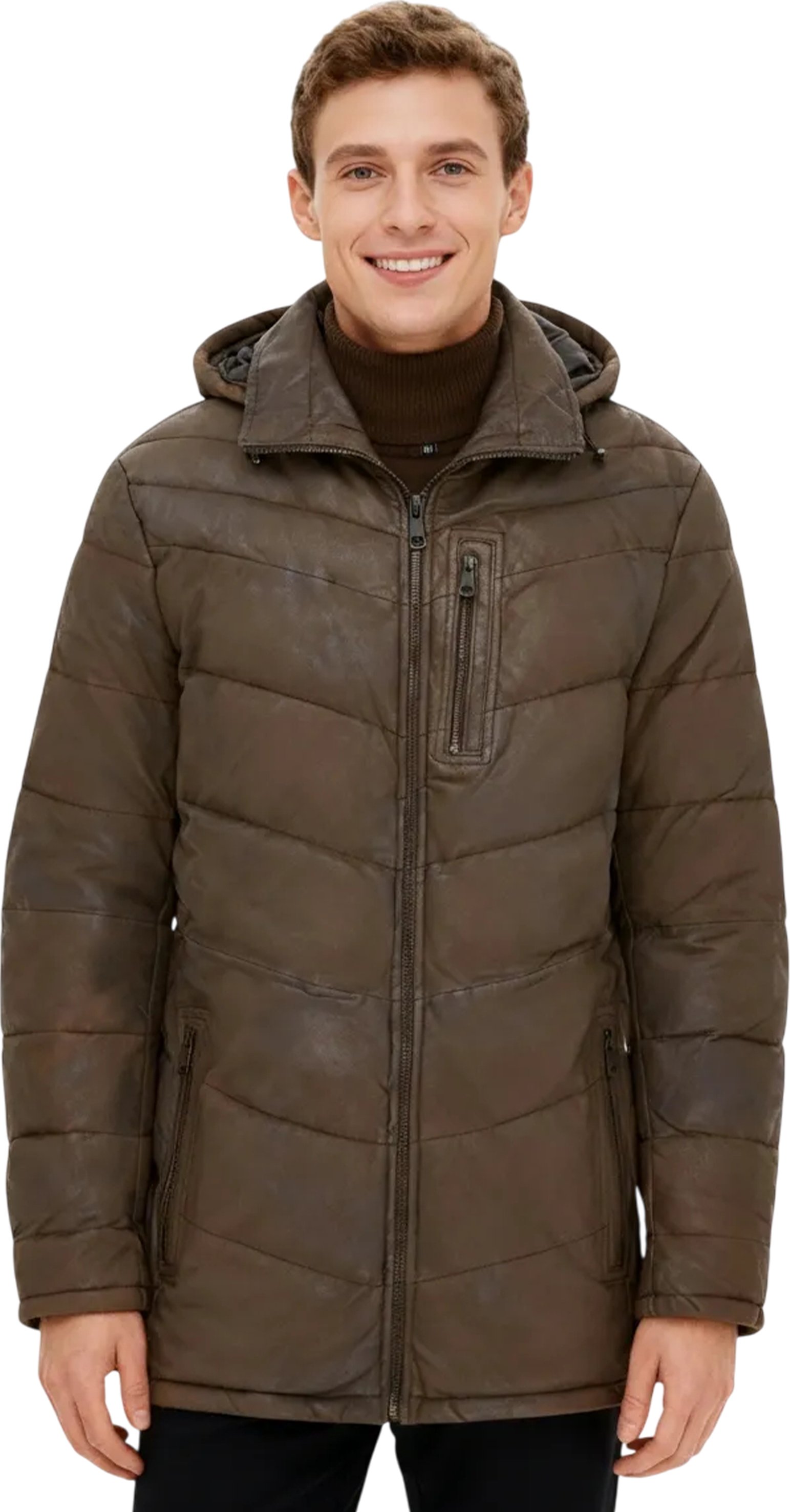 Braune Steppjacke aus Leder für Herren mit abnehmbarer Kapuze, Puffer-Wintermantel – Orion