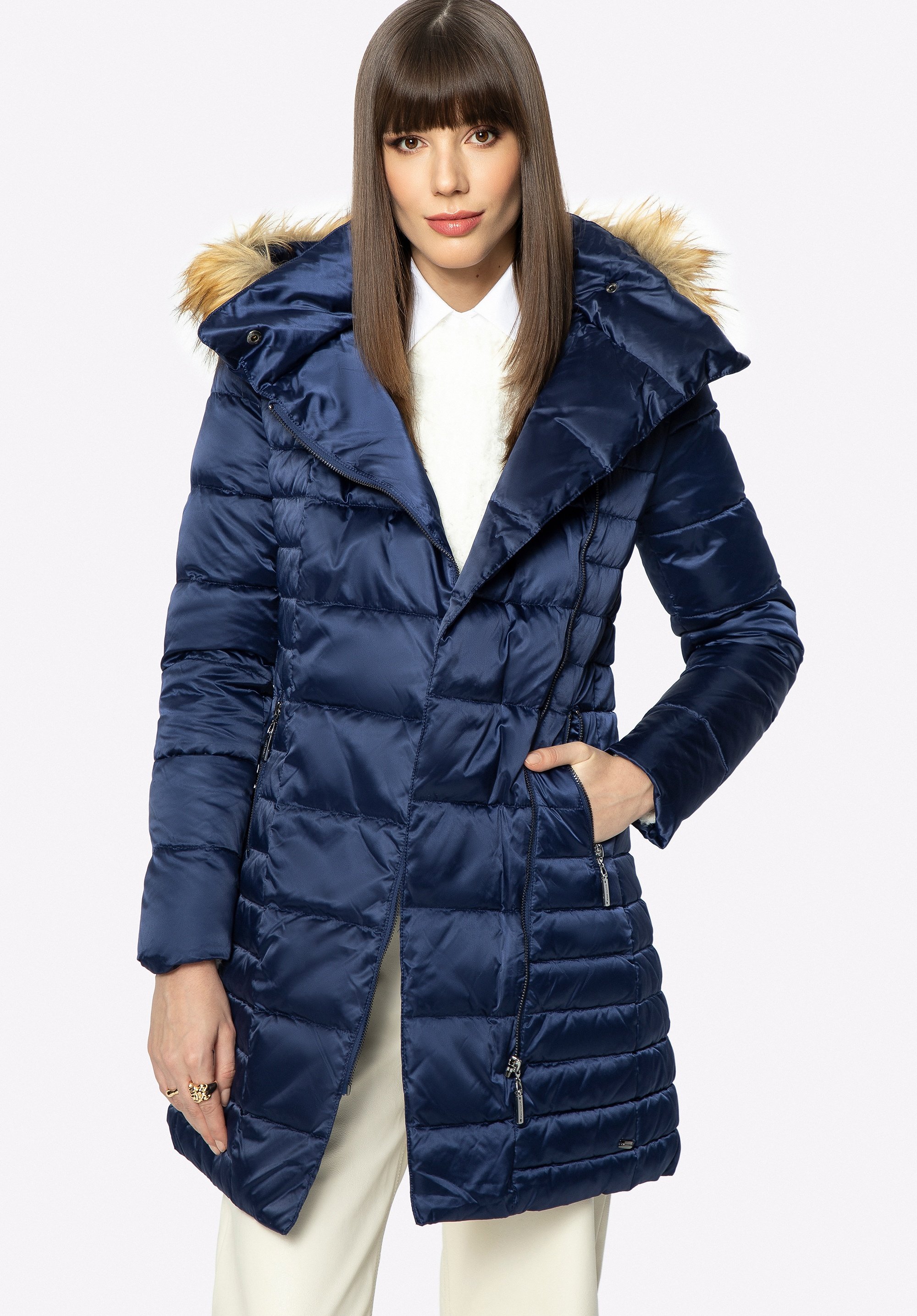 Wittchen Damen-Daunenjacke mit asymmetrischem Verschluss, marineblaues Nylon