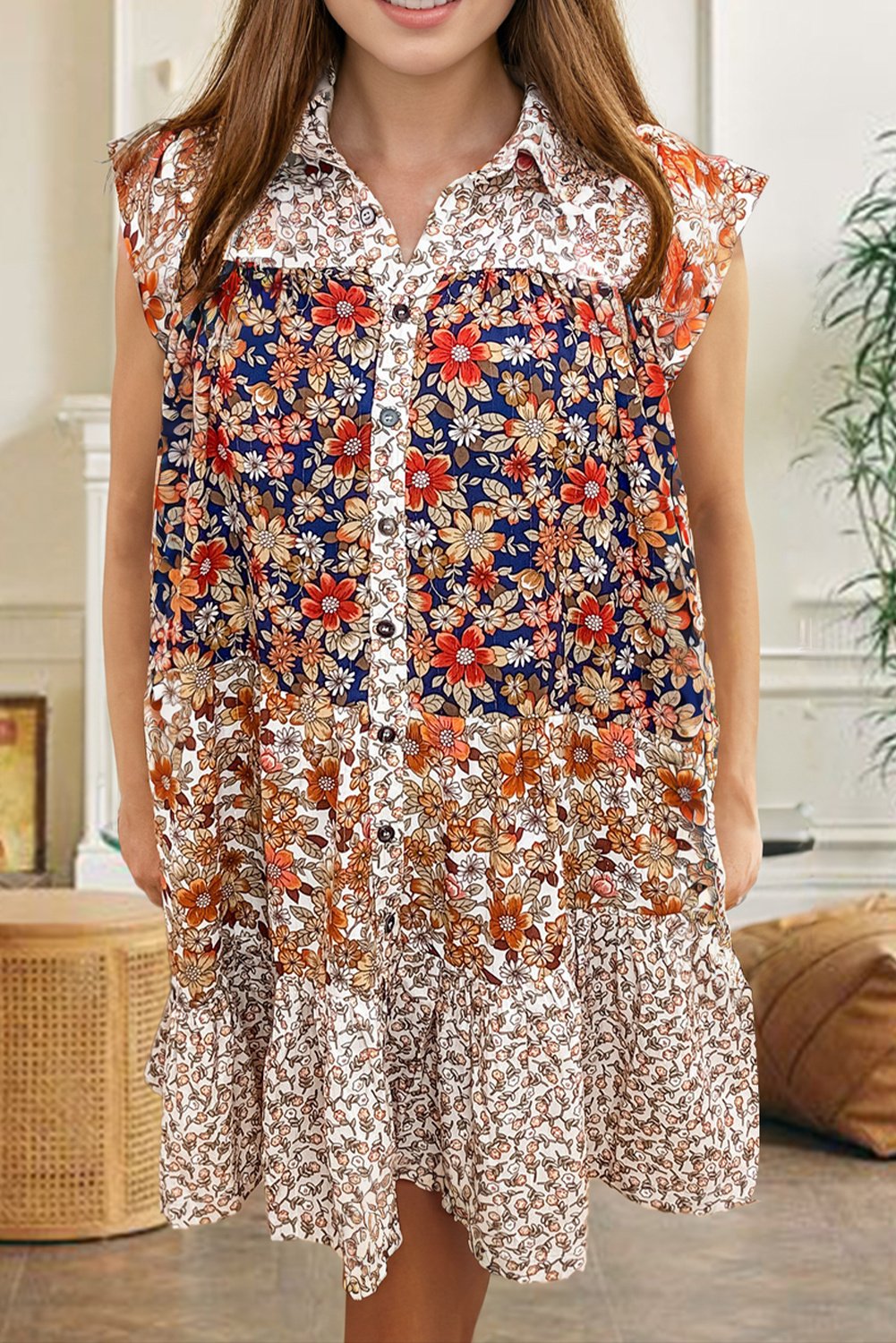 Florales Druck Mini-Kleid mit lockerer Passform