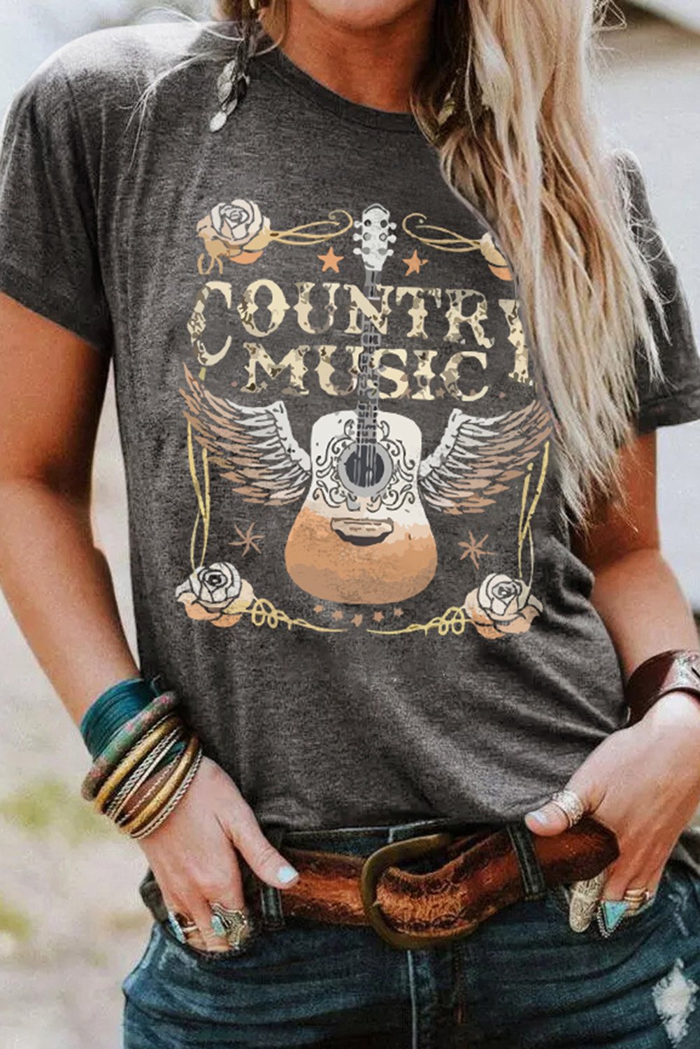 Grau Country-Musik Gitarre Grafik Druck Rundhals T-Shirt