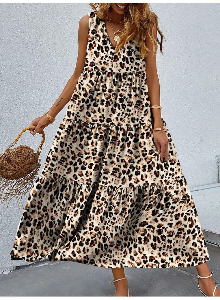 Damen Bedrucktes V-Ausschnitt Stufen-Maxikleid mit Trägern