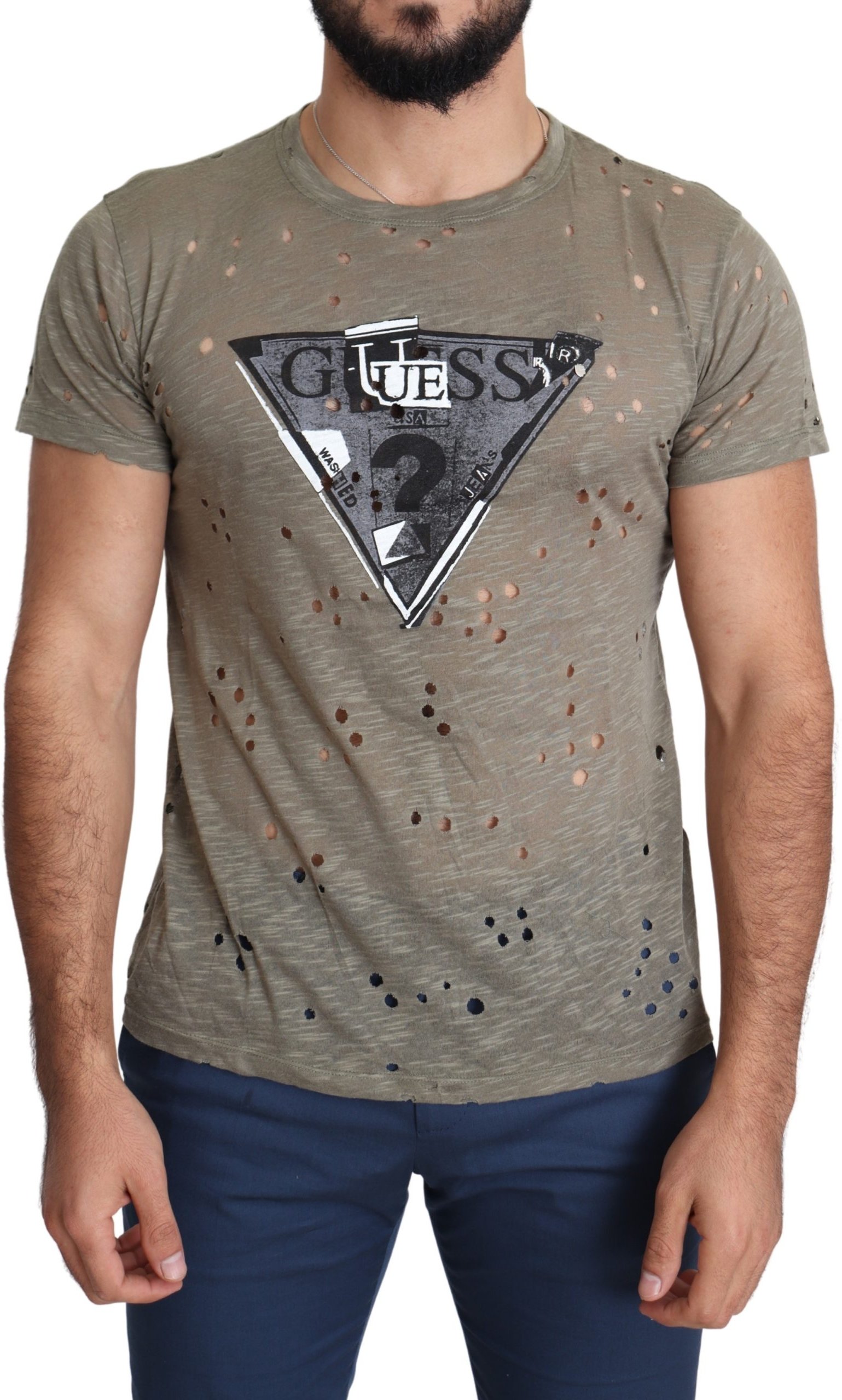 Guess T-shirt marron en coton stretch imprimé logo pour hommes, décontracté et perforé