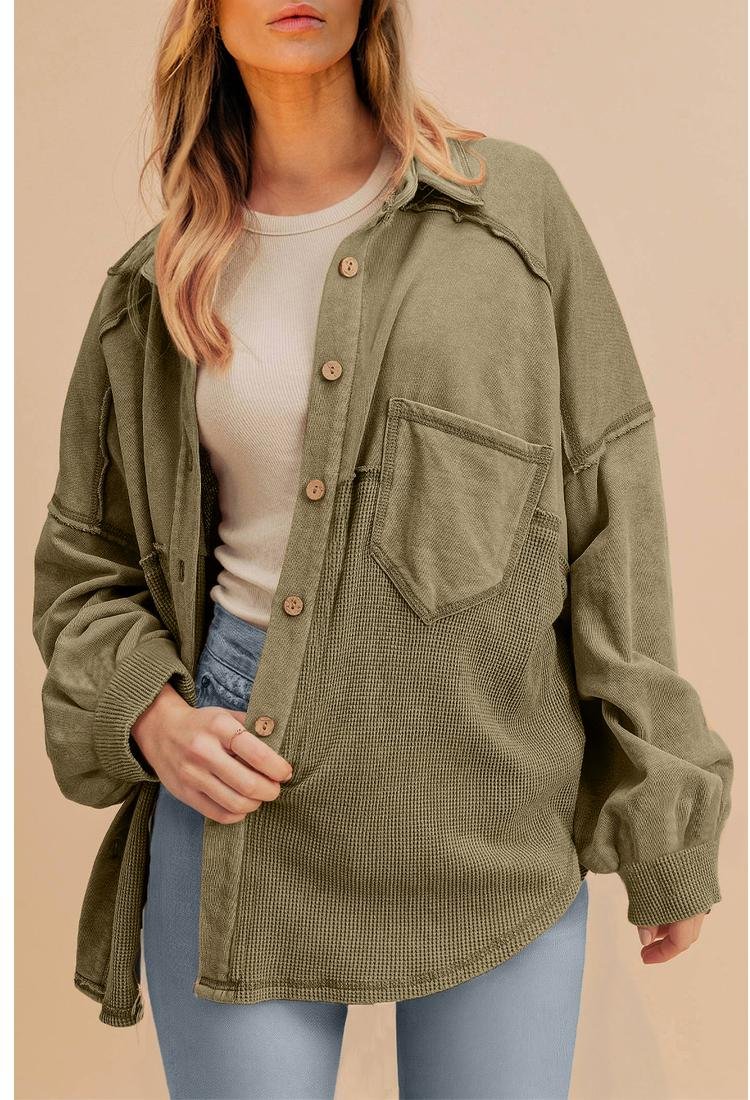 Thumbnail - Azura Exchange Moosgrün Waffelstrick-Patchwork Button-Up Oversized Hemdjacke