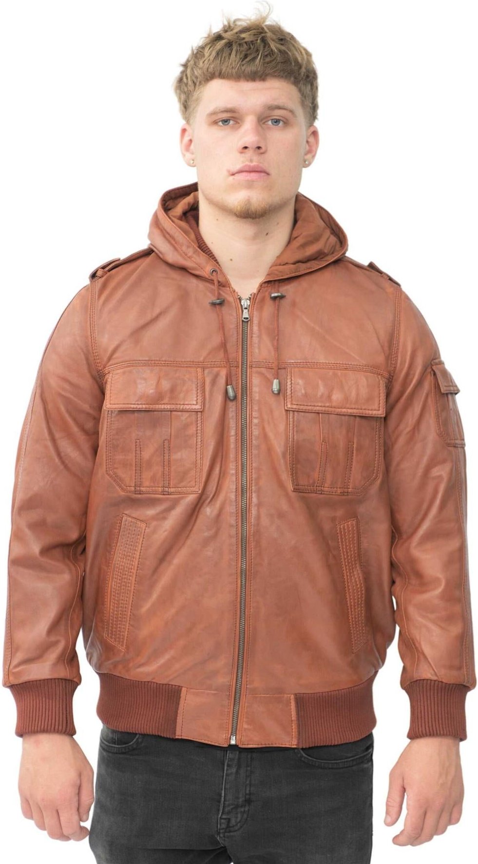 Herren-Bomberjacke aus hellbraunem Leder mit Kapuze – Tirana