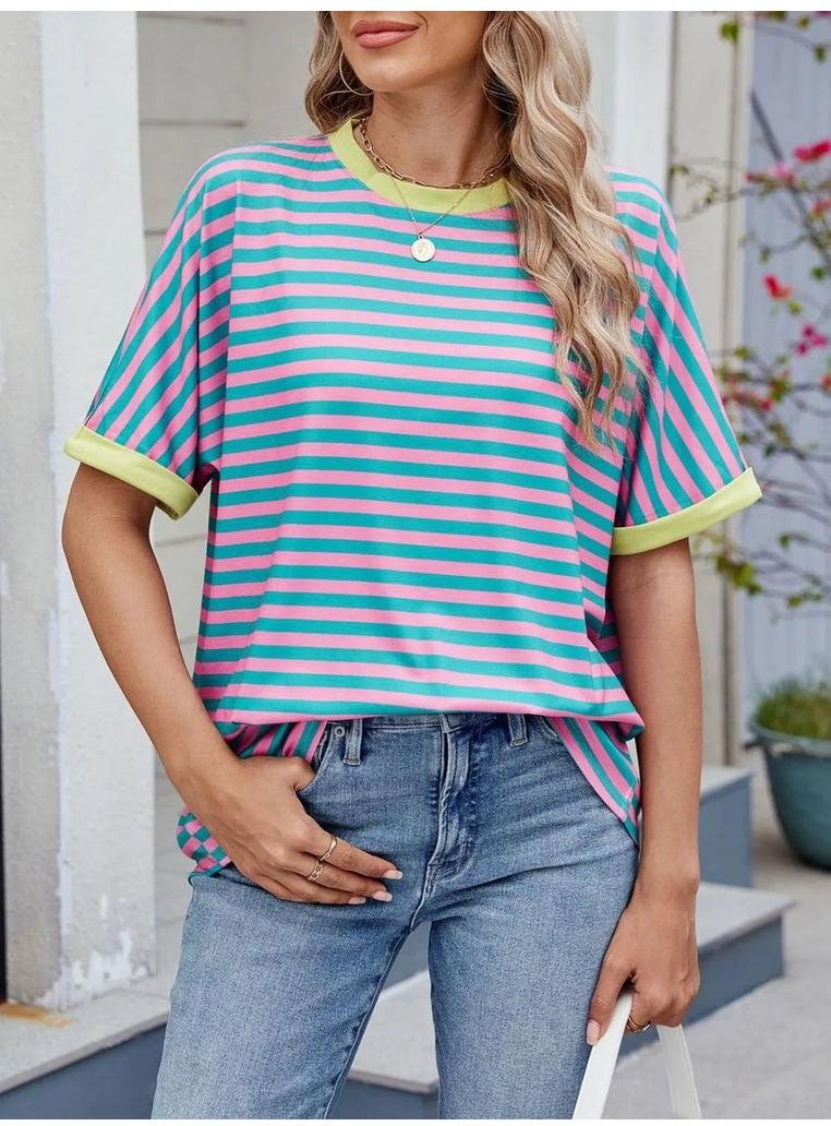 Damen Gestreiftes Rundhals-Halbarm T-Shirt