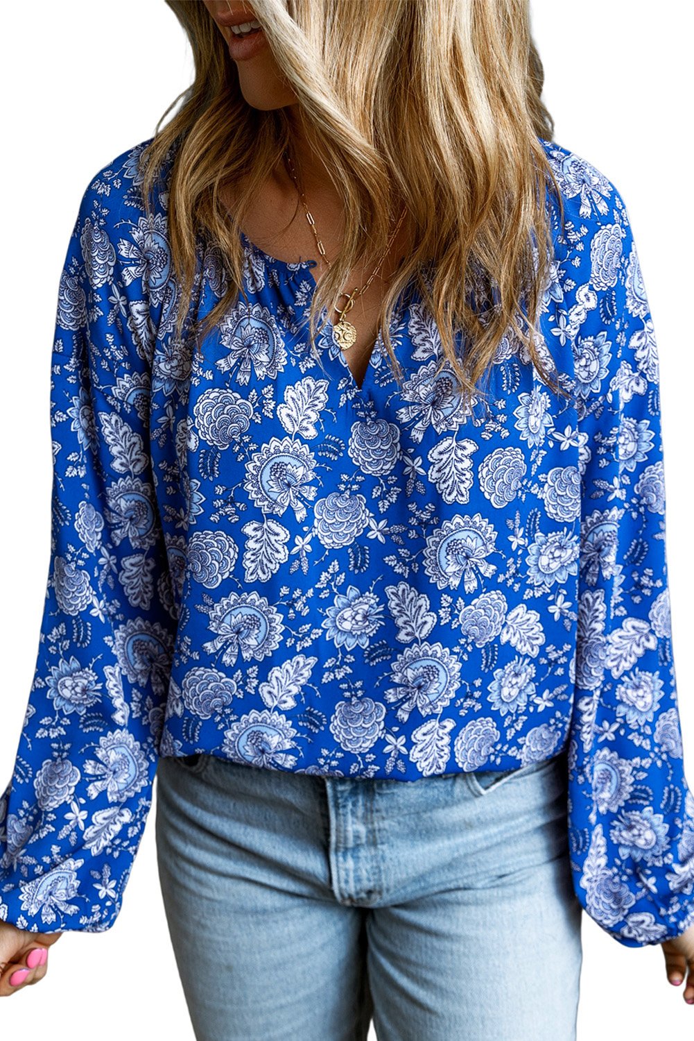 Blaue Blumen Longsleeve Bluse mit V-Ausschnitt und Notch-Detail