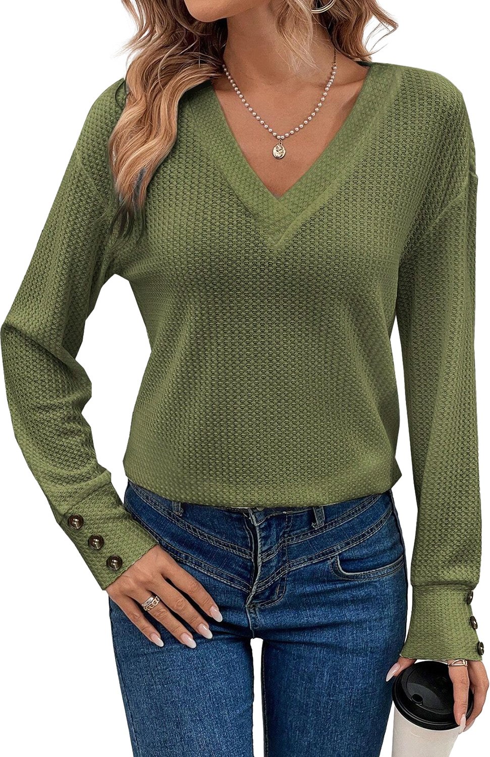 Dschungelgrün Strukturierter Strick V-Ausschnitt Langarmoberteil mit Knopfmanschetten