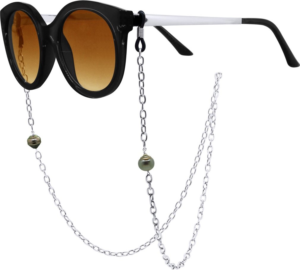 Brillenkette – Kette aus Forçat-Silber im Wechsel mit 2 echten Tahiti-Zuchtperlen im Kreis von 9–10 mm