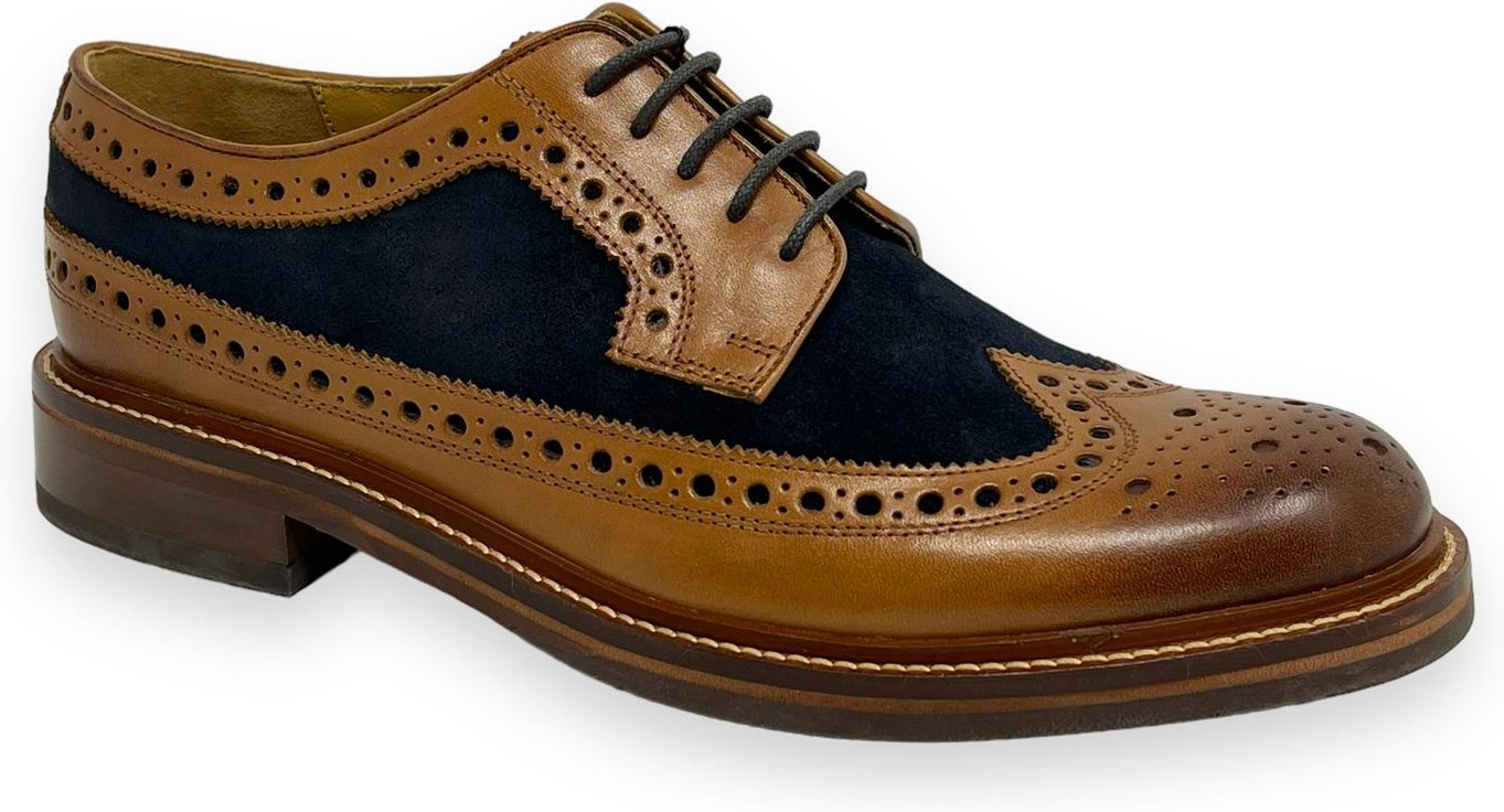 Chapman & Moore Longwing Brogue Leder/Suede Herren Schuhe Tan/Navy